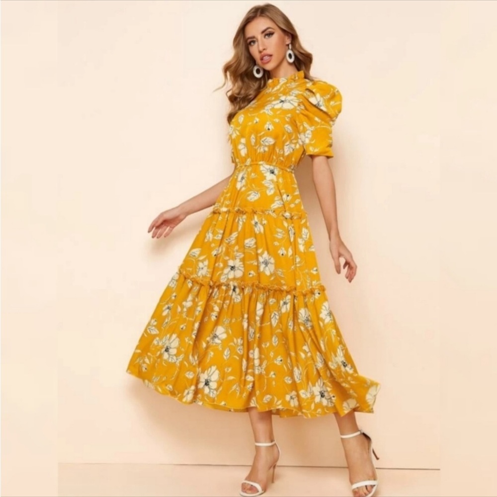yellow summer cool floral puff sleeve trim layered dress